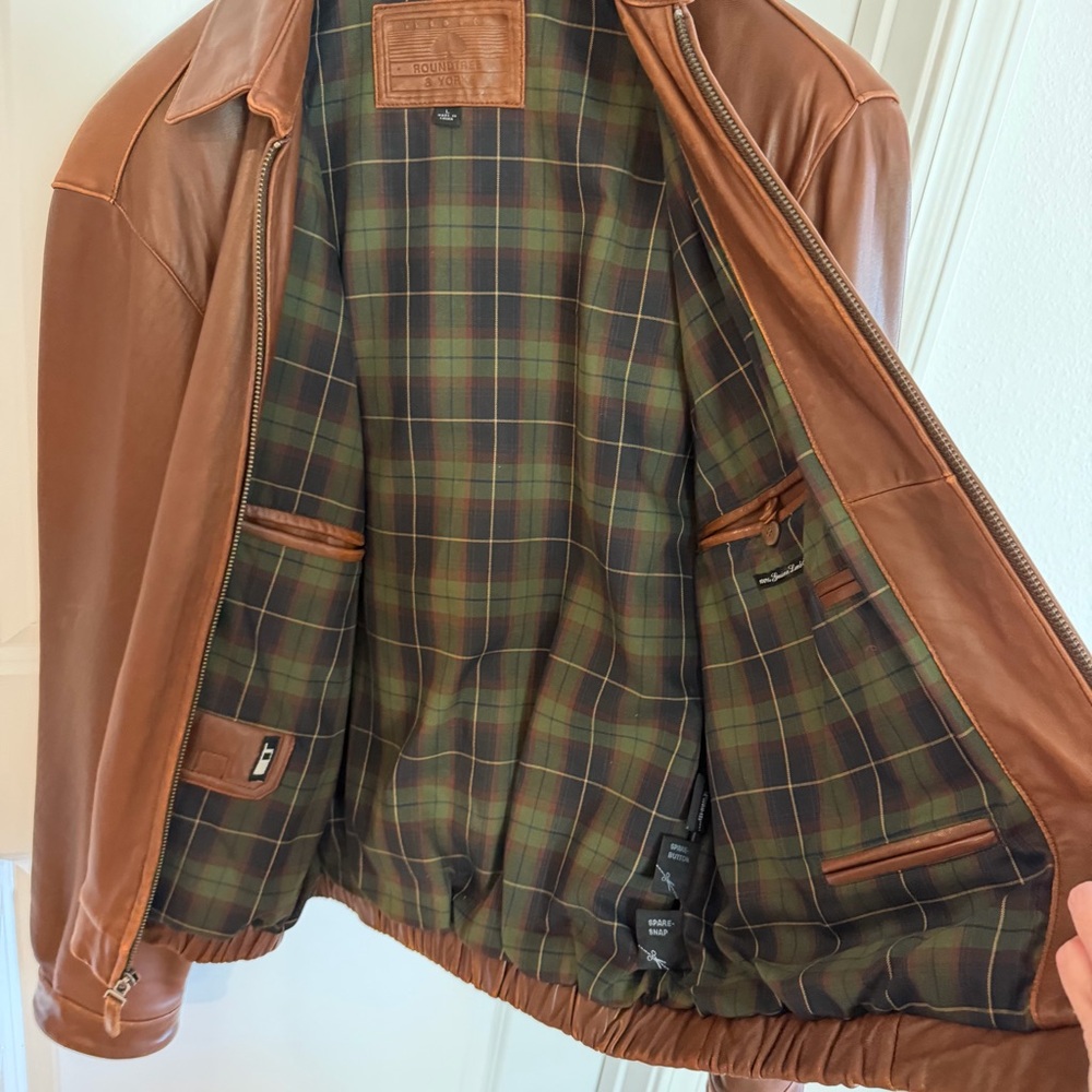 Vtg Roundtree & Yorke Brown Lambskin Leather Bomber Jacket Lg Plaid Lined Zip - Picture 11 of 16